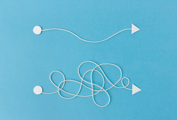 A line and arrow showing a direct path from one end to the other, and another showing a complex and tangled path from one end to the other.