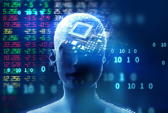 3D illustration of a virtual human against a background of a display of market prices.
