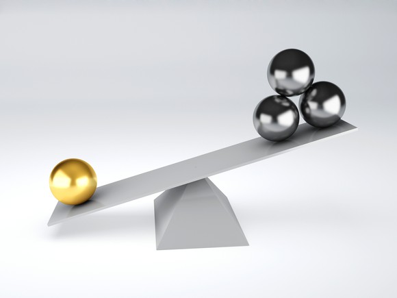 Picture of a scale with one side weighed down by a gold ball.