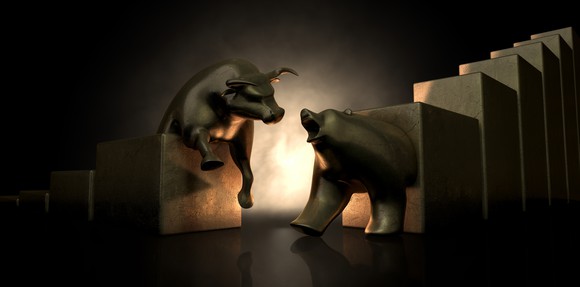 A bear and bull facing off head-to-head