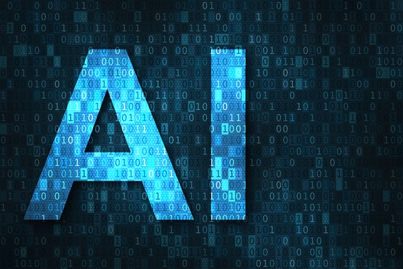 The letters AI on top of binary code