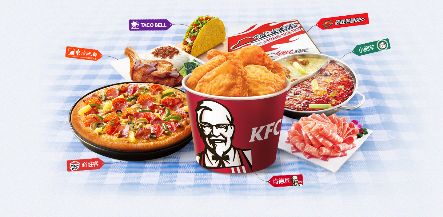 Various menu items from Yum China's restaurant chains arranged on a table