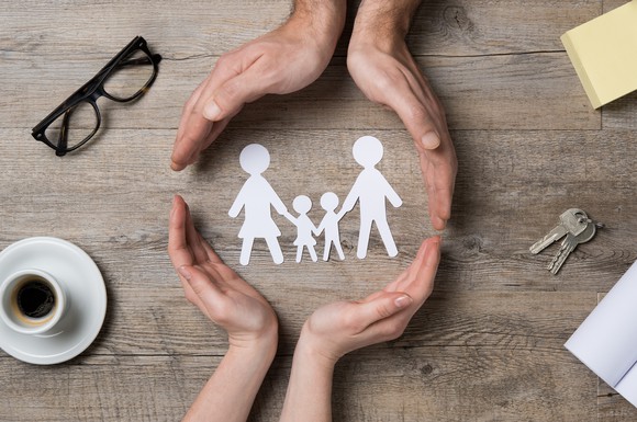 Two sets of hands making a circle around cut outs of paper figures of a man, woman, and two children holding hands.