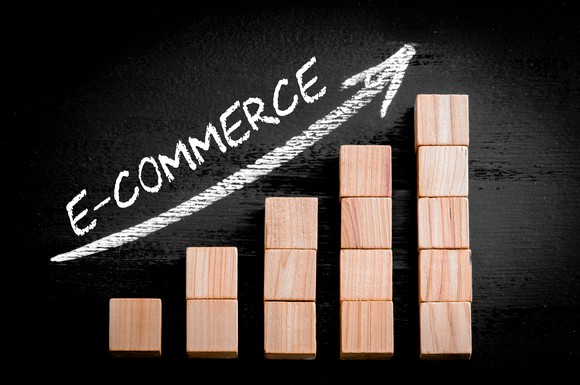 E-commerce written over a rising arrow and rising stacks of blocks