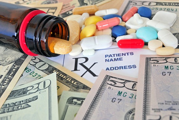 Pills lying on top of paper money.