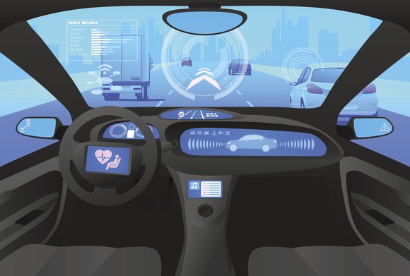 A self-driving car sensing the road in front of it.