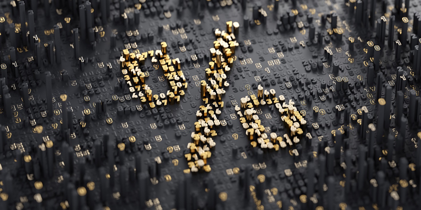 Percent sign in raised gold relief, on a background of darker gray.
