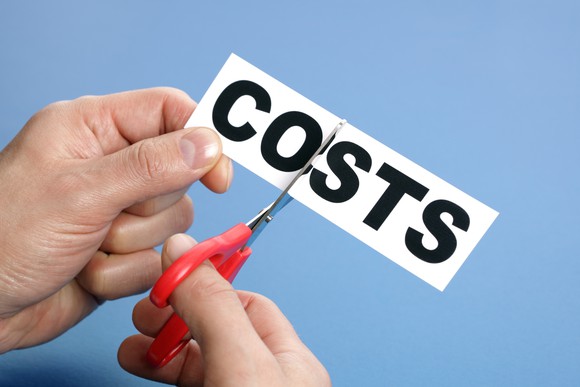 Picture of a person with scissors cutting a paper with the word costs printed on it.