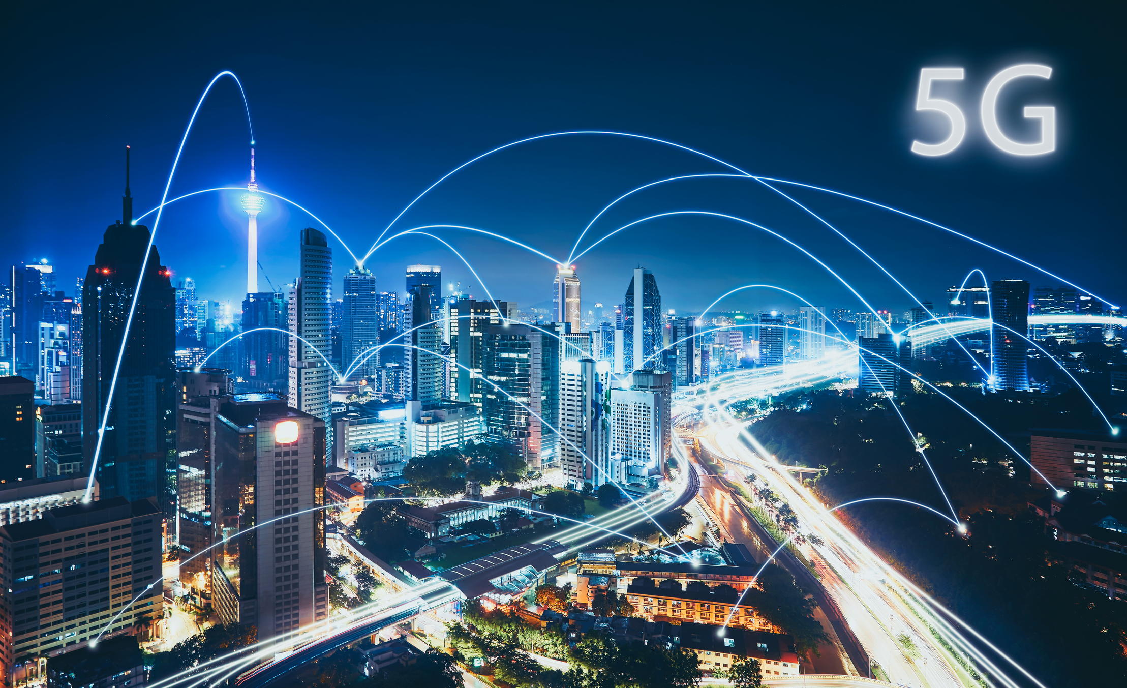 Illustration of 5G network connectivity over a city