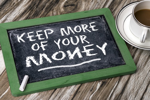 Miniature chalkboard on a wooden surface, next to a cup of coffee, with keep more of your money written on it