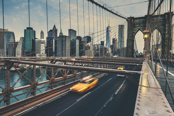 New York City as seen from a bridge.
