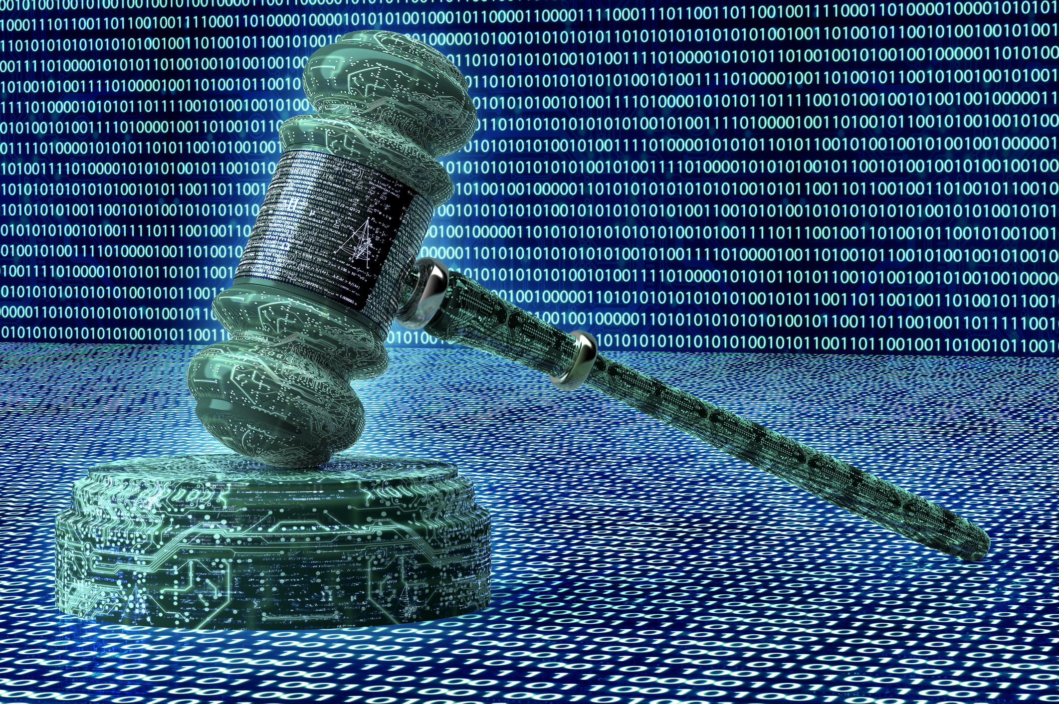 A judge's gavel surrounded by binary code.