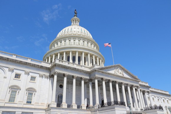 U.S. Capitol building from off-center looking upward.