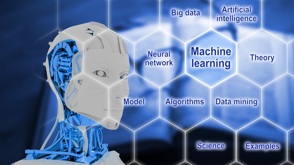 3D rendered robotic head and honeycomb of AI terms including machine learning.