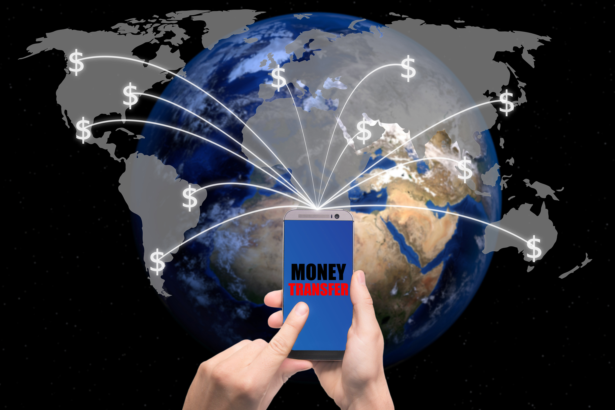A person transferring money to various parts of the world using a smartphone.