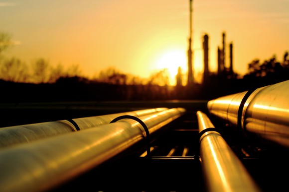 Pipes going to an oil refinery.