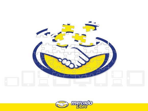 Mercadolibre's logo broken into jigsaw puzzle pieces.