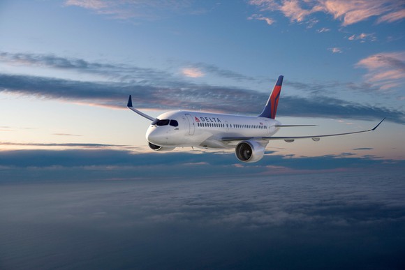 A rendering of a CS100 jet in Delta's livery