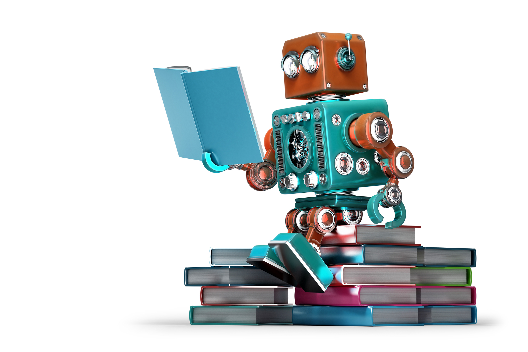 Toy robot sitting on pile of books reading.