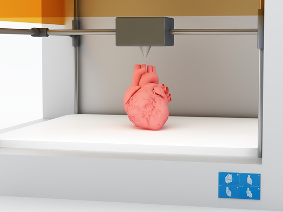 3D printed heart being completed.