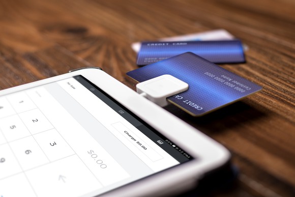 A Square card reader processing a credit card transaction on a tablet computer