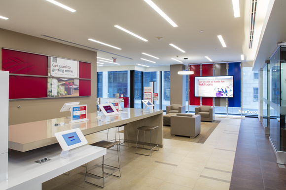 Lobby of a modern Bank of America branch.