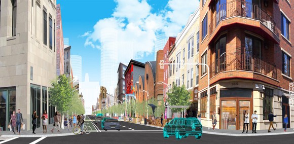Computer generated image of smart vehicles in a city.
