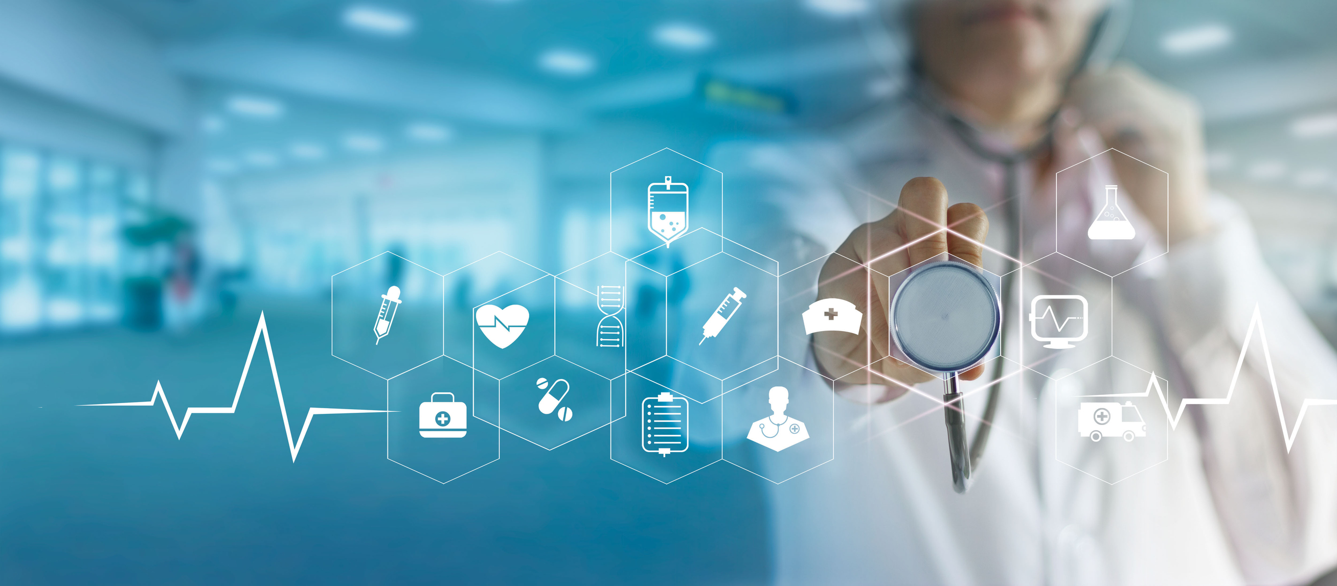 A medical doctor using a stethoscope to touch medical icons on a virtual screen.