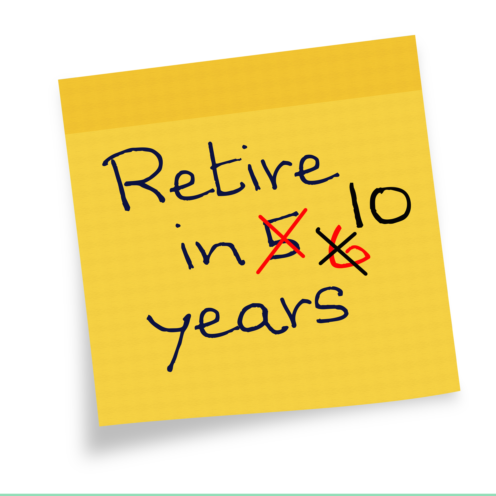 yellow postit note that says retire in 5, 6, 10 years -- the 5 and 6 are crossed out, leaving the 10