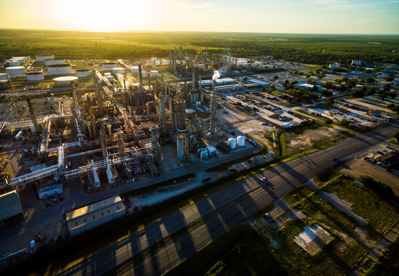 Overhead shot of Oil refinery at sunset.