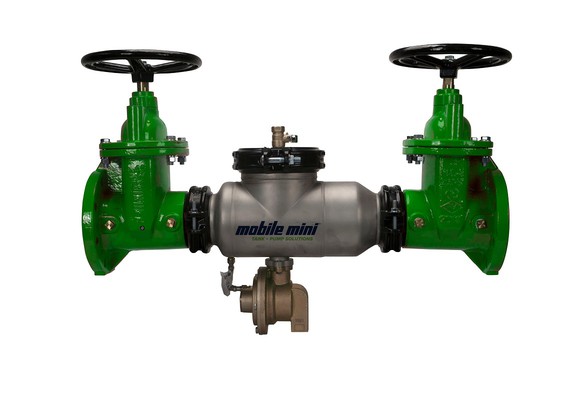 Backflow preventer, with two green valves attached to a central unit with the Mobile Mini logo on it.