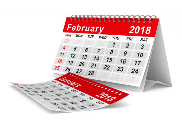 Calendar with January 2018 page fallen off and February 2018 page on front.