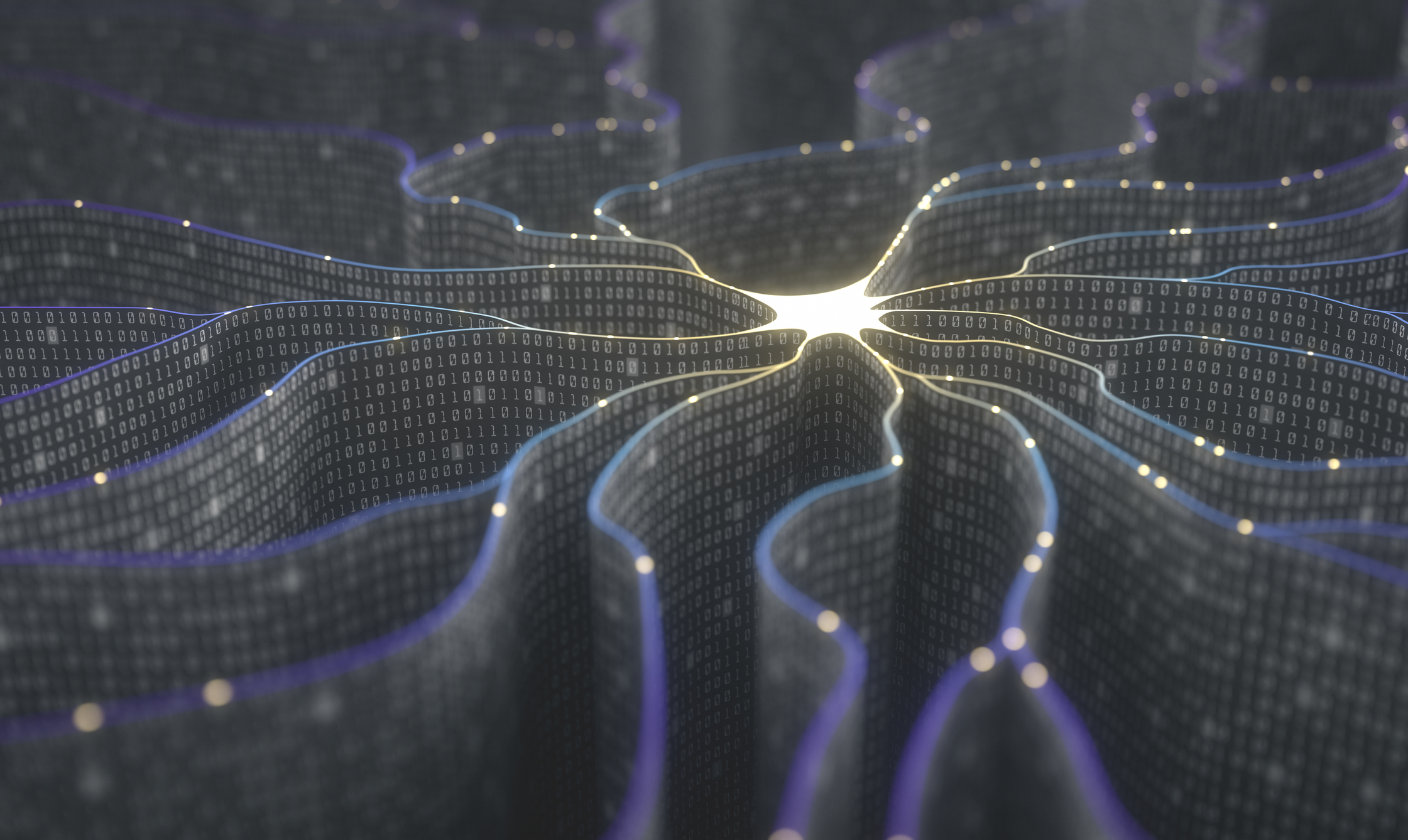 Wavy lines of ones and zeroes signifying artificial intelligence.