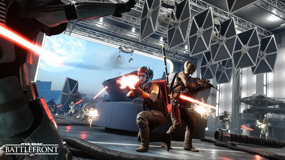 Screenshot of Star Wars Battlefront video game depicting characters shooting weapons in combat.