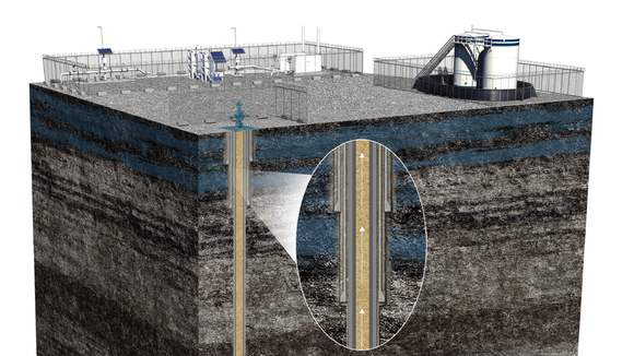 Cross-section of ground underlying well and pumping station, including rock layers and indication of equipment operation.