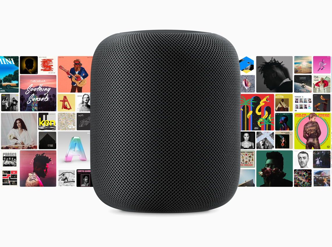 HomePod with album covers in the background
