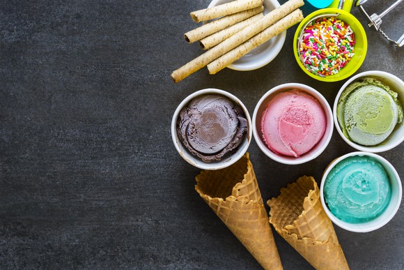 Ice cream, waffle cones, and sprinkles.