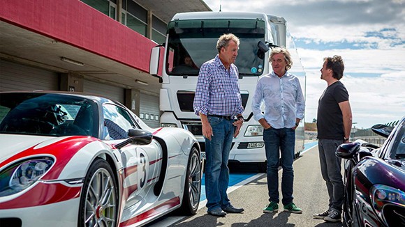 The cast of Amazon's The Grand Tour on set.