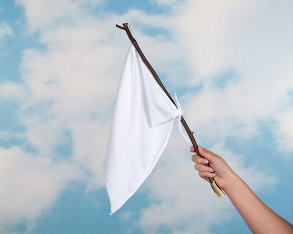 White flag at end of stick held by an arm against a partly cloudy sky.