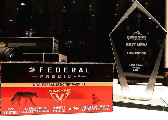A box of Vista Outdoor's new 224 Valkyrie ammunition sitting next to an award