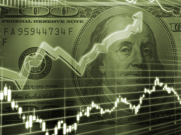 Chart going up in front of $100 bill