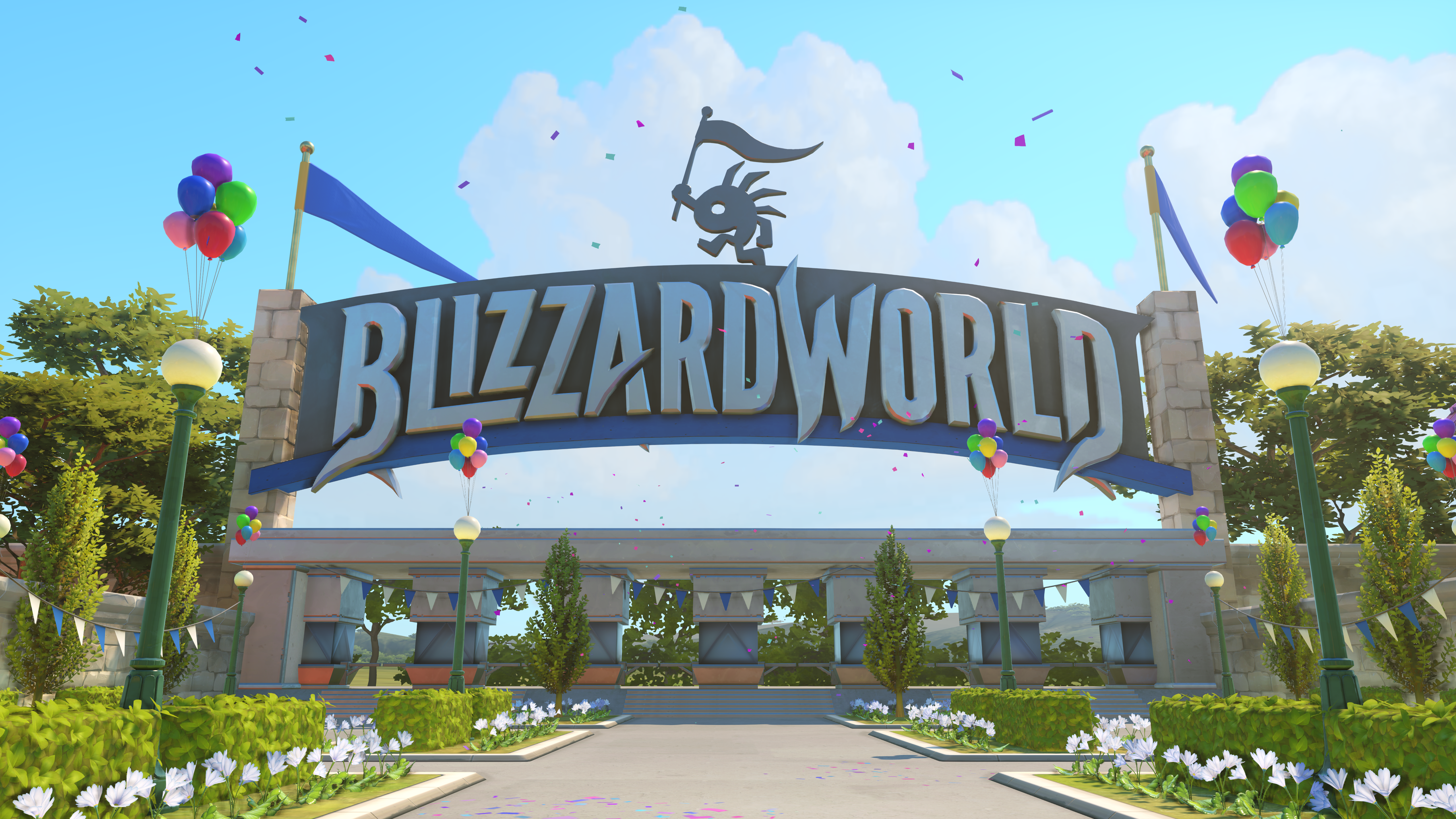 Screenshot from Overwatch video game with a large banner displaying the words Blizzard World.