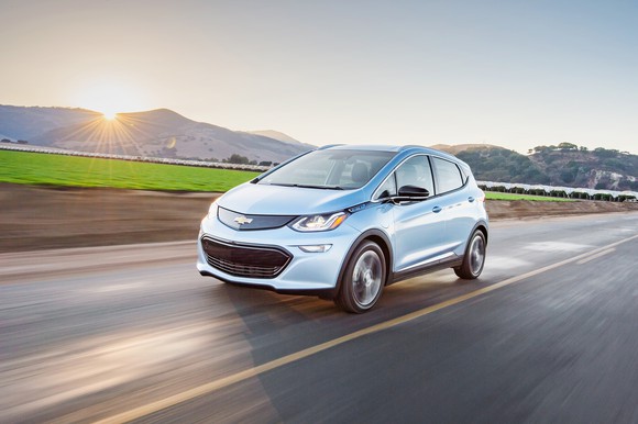 A blue Chevy Bolt