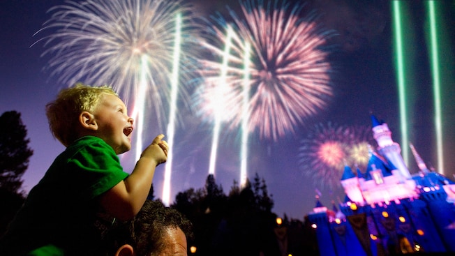 Young on the shoulder's on a man watching fireworks with a Disney Cinderella's Castle in background.