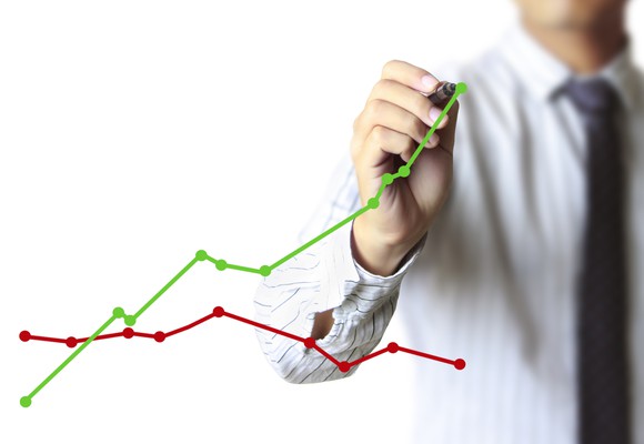 A person in a shirt and tie drawing a green chart showing growth on the screen.