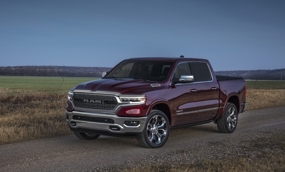 A dark red 2019 Ram 1500 Limited pickup, in a rural setting.