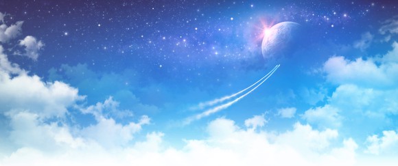 Two rockets with long fuel trails heading toward the moon.
