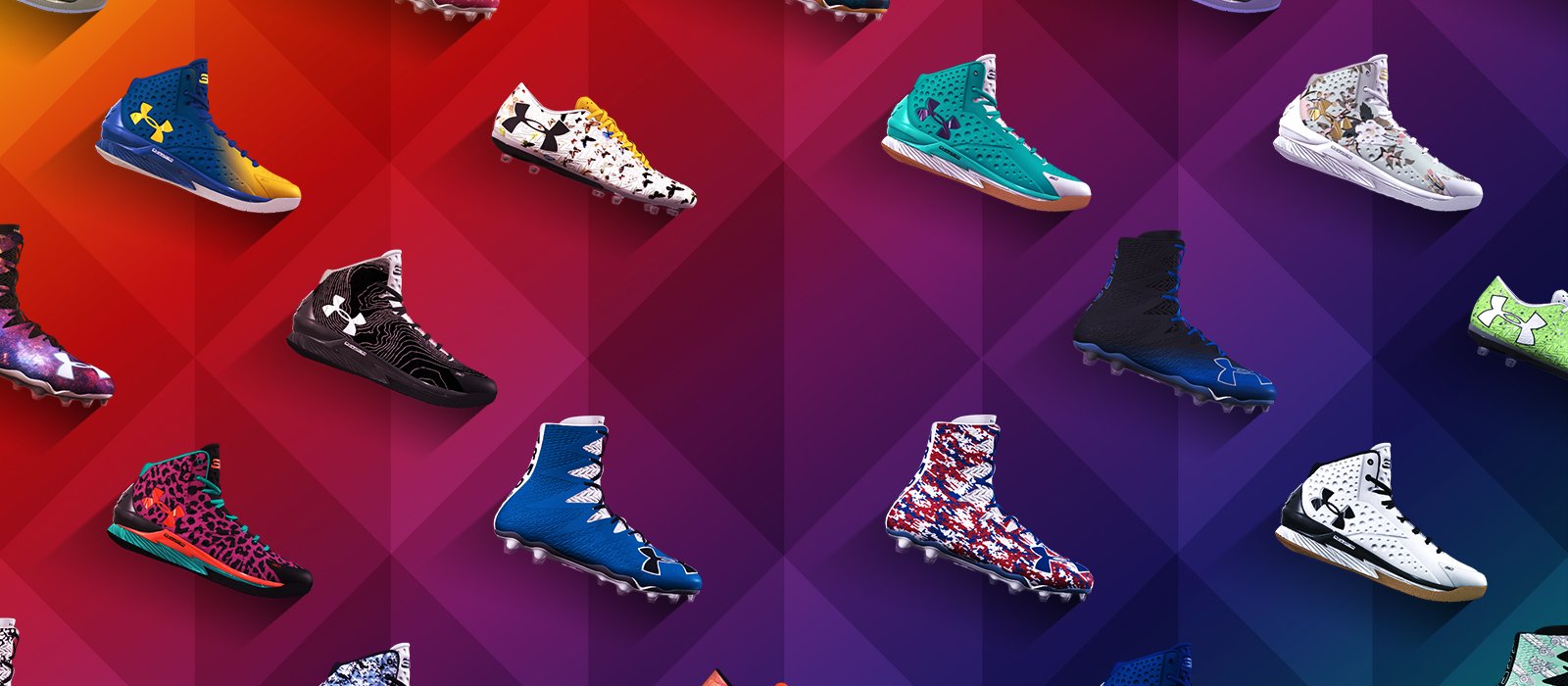 A wall of UA shoes.