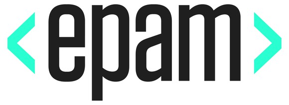 EPAM logo with lowercase letters surrounded by blue left and right arrows.