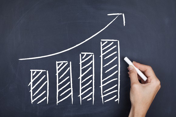 A chalkboard sketch of a bar chart showing growth